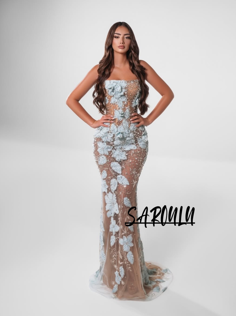 Women Formal Event Wear - Romantic Light Blue Floral Evening Dress