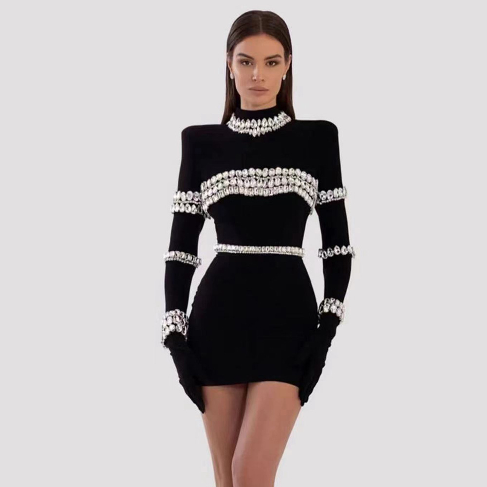 Women'S Semi Formal Evening Wear - Super Flash Rhinestone Semi-turtleneck Black Dress